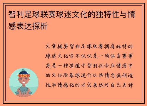 智利足球联赛球迷文化的独特性与情感表达探析