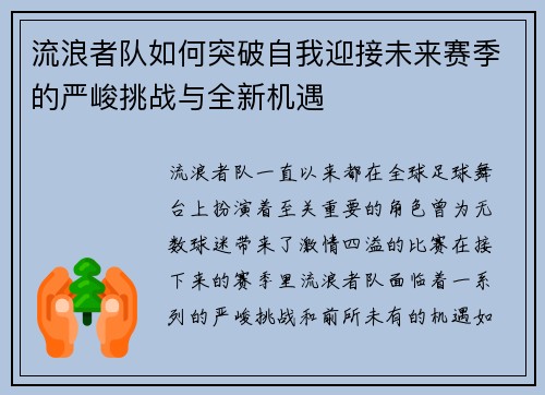 流浪者队如何突破自我迎接未来赛季的严峻挑战与全新机遇