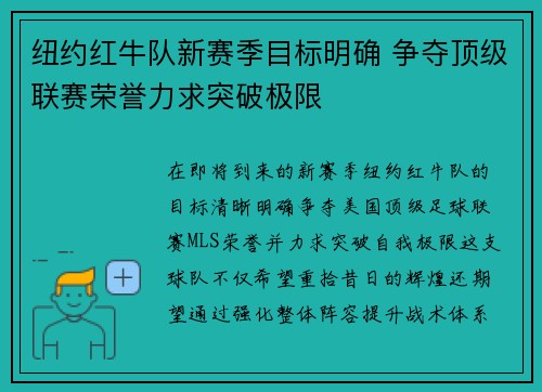 纽约红牛队新赛季目标明确 争夺顶级联赛荣誉力求突破极限 纽约红牛队新赛季目标明确 争夺顶级联赛荣誉力求突破极限