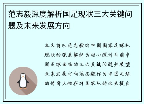 范志毅深度解析国足现状三大关键问题及未来发展方向