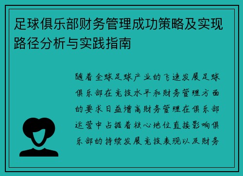 足球俱乐部财务管理成功策略及实现路径分析与实践指南